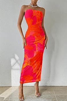 PRETTYGARDEN Women's Summer Wedding Guest Dress Strapless Tube Top Maxi Bodycon Long Floral Mesh ... | Amazon (US)