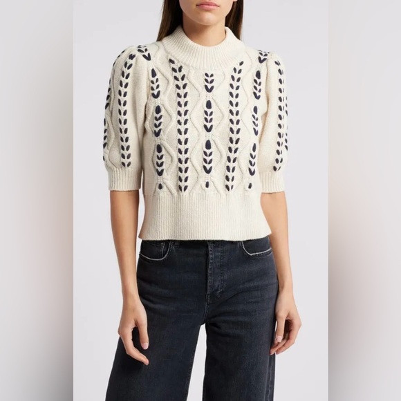 Rails Addy oatmeal navy cables knit short puff sleeve sweater sz medium m | Poshmark