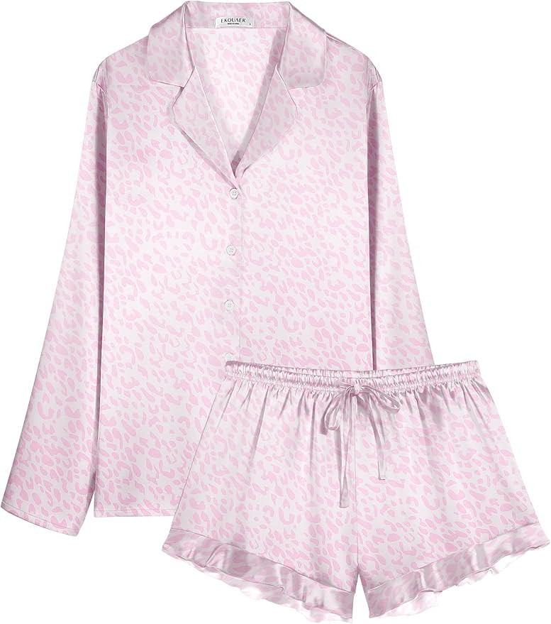 Ekouaer Womens Satin Pajama Sets Long Sleeve Top and Shorts Lounge Set Button Down Sleepwear S-XX... | Amazon (US)
