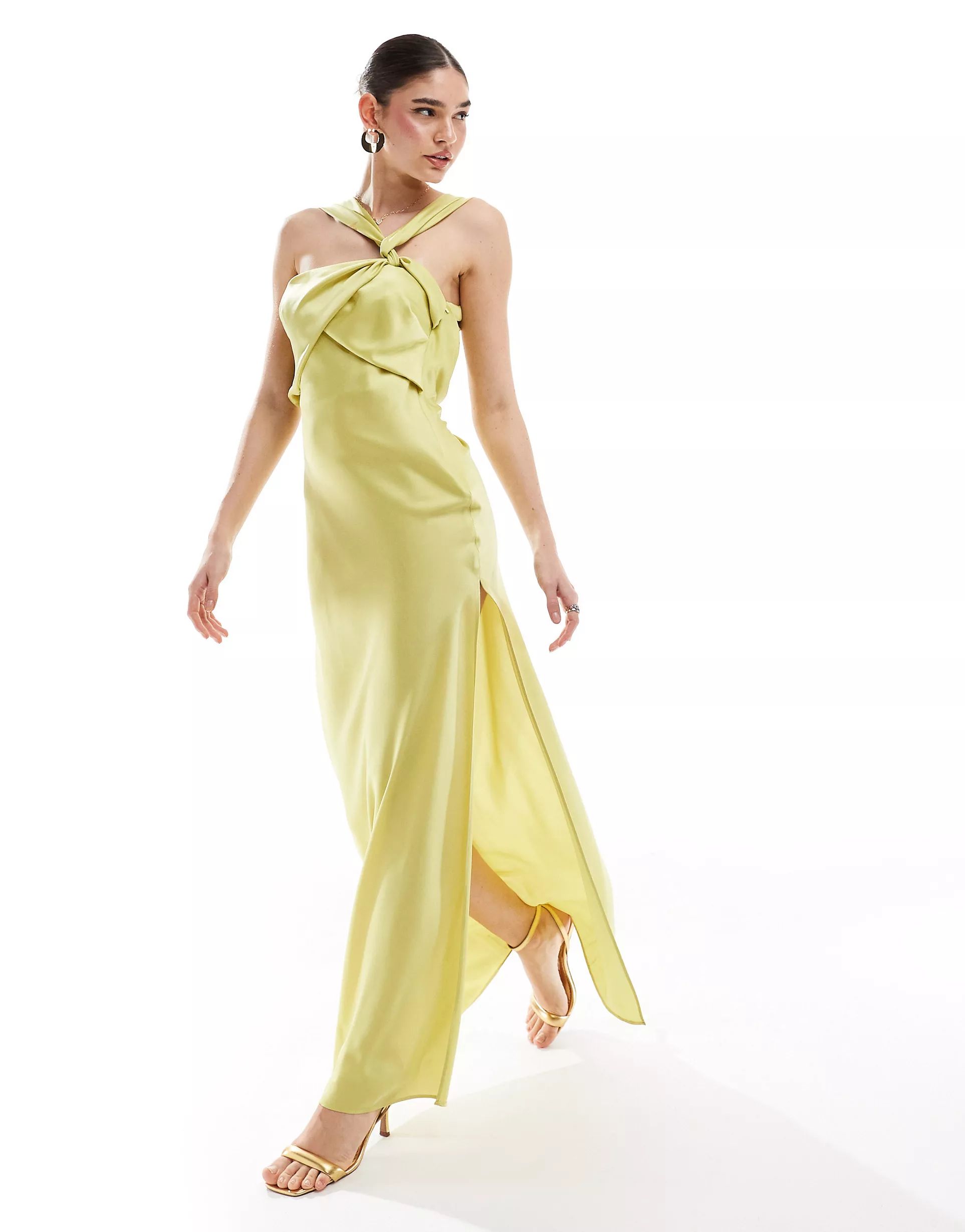 ASOS DESIGN satin twist strap drape maxi dress in lime | ASOS | ASOS (Global)