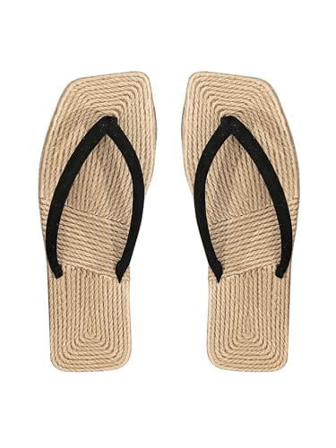 OYOANGLE Women's Straw Flip Flops Beach Vacation Square Open Toe Flat Thong Sandals Black Strap 9 | Amazon (US)