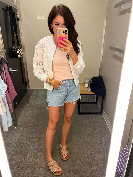 Eyelet bomber jacket in a small!! Totally bought this jacket for a fun summer layer😍 
Agolde Parker shorts in my true size 

#LTKStyleTip #LTKSeasonal #LTKFindsUnder100
