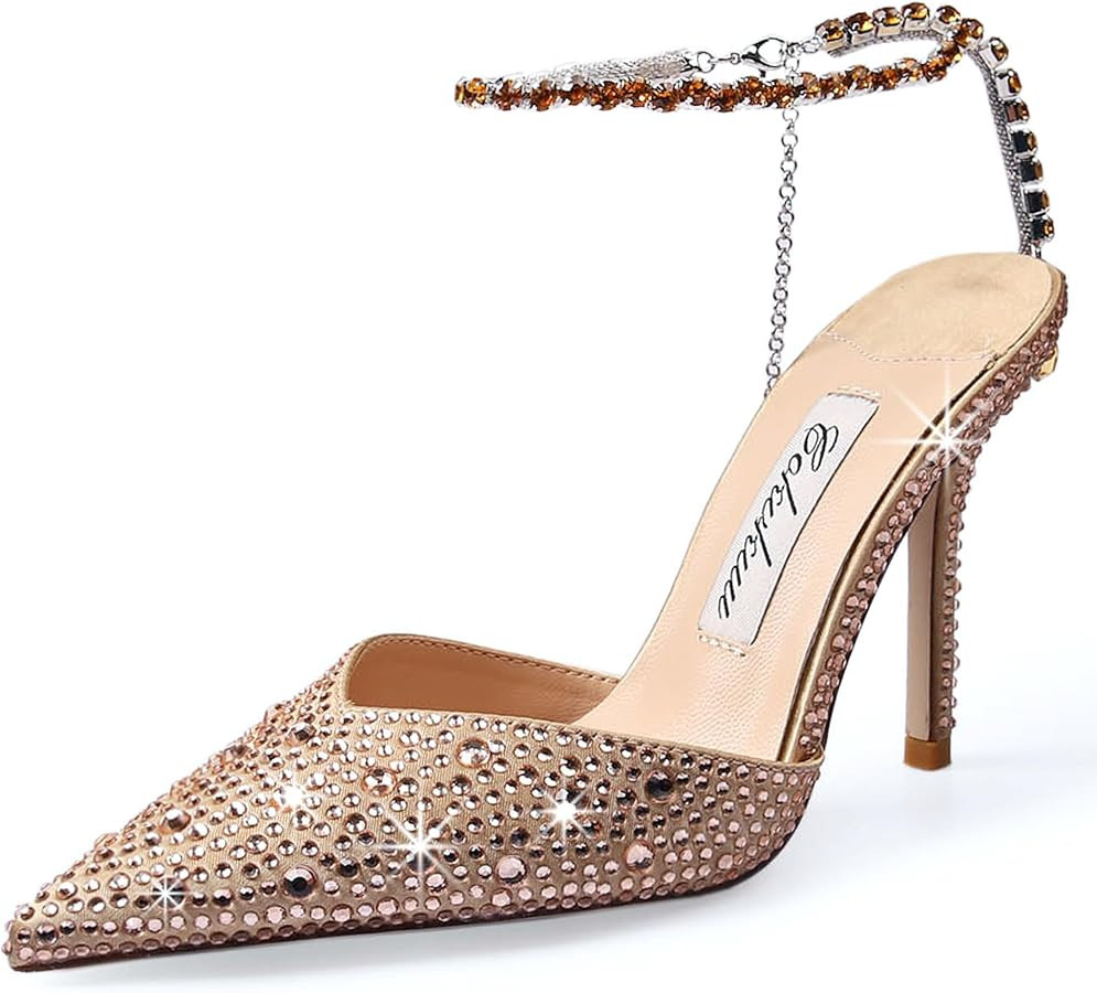 Women's Heeled Sandals Crystal Chain Ankle Straps Rhinestones Buckle High Heels Stiletto Slip On ... | Amazon (US)