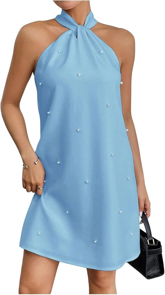 Floerns Women's Pearl Beaded Halter Twist Sleeveless Tie Back Dress A Line Dress | Amazon (US)