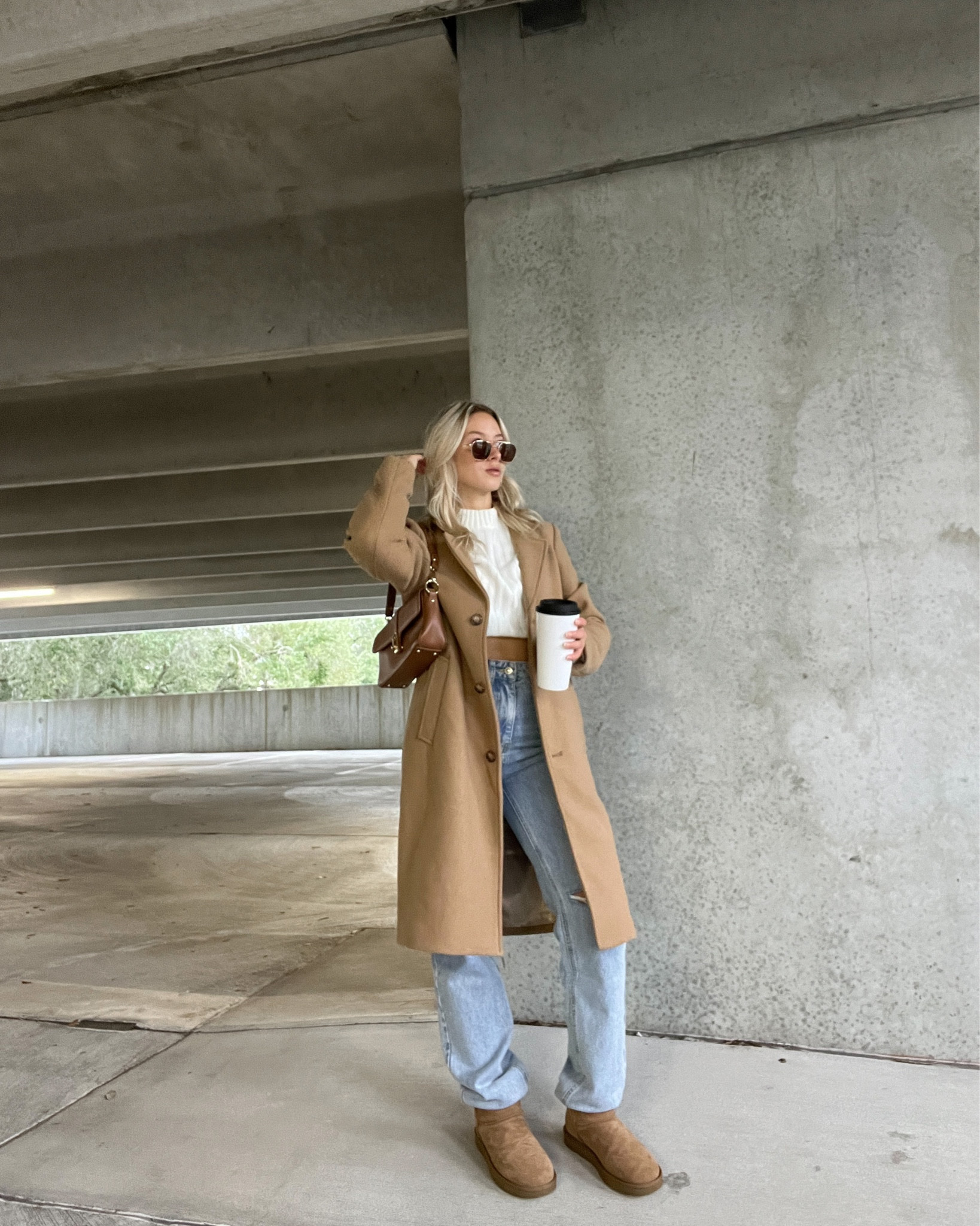 Abercrombie style, dad coat, trench coat, wool trench coat, brown winter coat, winter jacket, winter outfits, winter fashion inspo, winter fashion 2022, light wash denim, light wash jeans, ugg boots, mini ugg outfits, winter sweaters