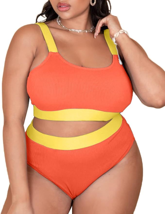 ZINPRETTY Plus Size High Waisted Bikini Set Womens Swimsuit Cheeky Two Piece Sports Color Block B... | Amazon (US)