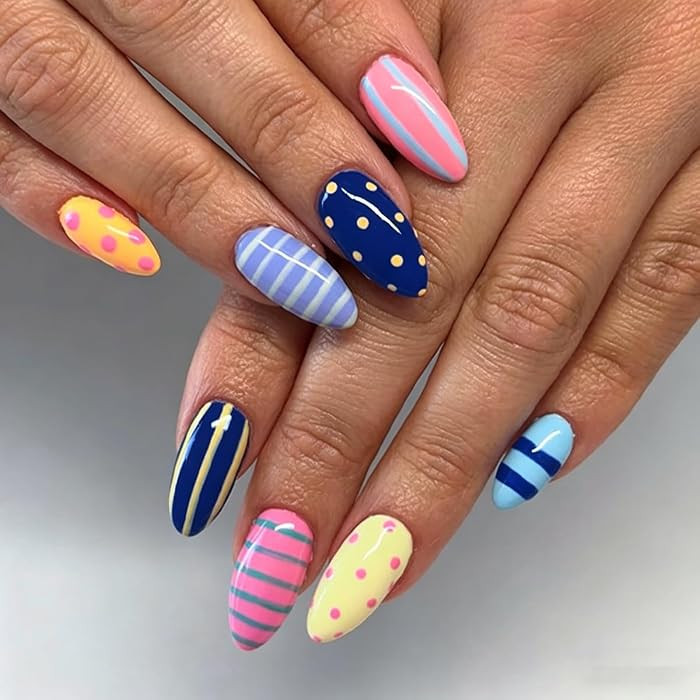 Colorful Press on Nails Medium Almond, Cute Summer Fake Nails with Stripe & Polka Dot Design, Acr... | Amazon (US)