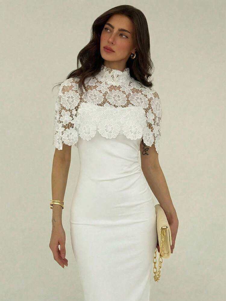 Aloruh Women's Solid Color Lace Patchwork Stand | SHEIN