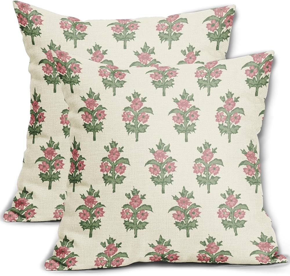 sorfbliss Sage Green Pink Floral Pillow Covers 18x18 Set of 2 Spring Flower Leaves Print Decorati... | Amazon (US)