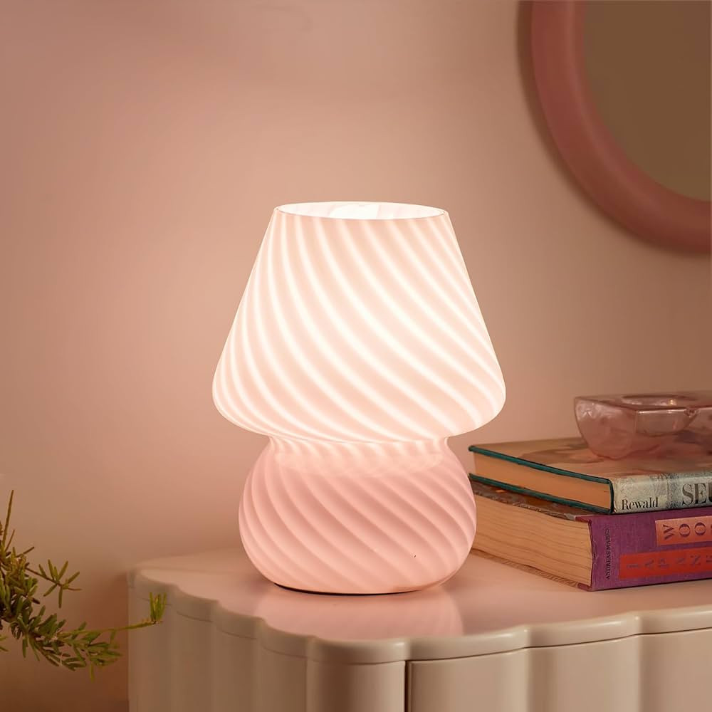ONEWISH Mushroom Lamp-Small Bedside Table Lamp with Striped Glass, Nightstand Lamp for Bedroom, L... | Amazon (US)