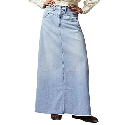 lisenraIn Women Denim Maxi Skirt Raw Hem A-Line Jean Skirt Casual Y2K Fashion High Waisted Long Denim Skirt with Pockets (Sky Blue, L) | Amazon (US)