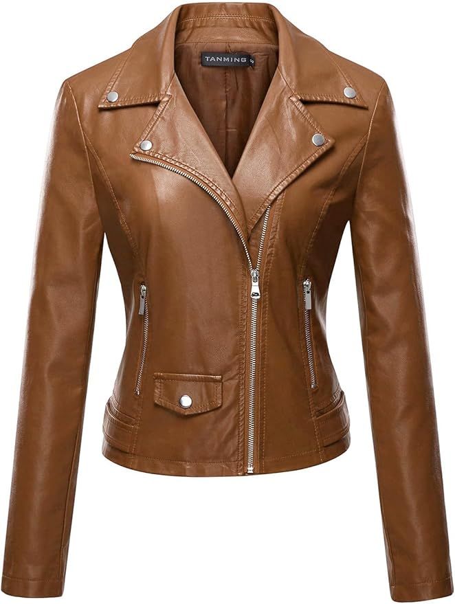 Tanming Women's Faux Leather Moto Biker Short Coat Jacket | Amazon (US)