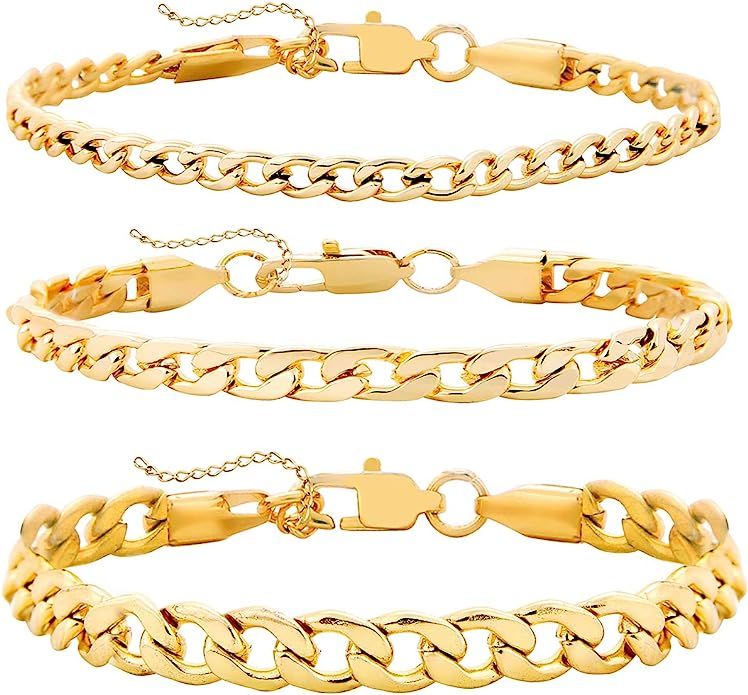3Pcs Gold Chain Bracelet Set for Women Men 14K Gold Plated Bracelets Adjustable Layered Cuban Pap... | Amazon (US)