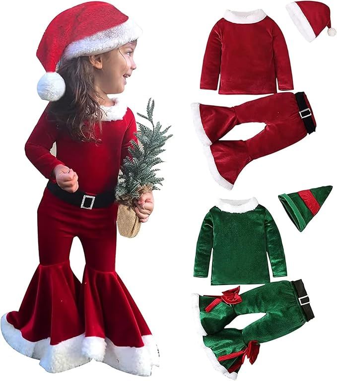 Toddler Girls Christmas Santa Claus Costume Set 3Pcs Long Sleeve Tops Bell Bottom Velvet Pants Co... | Amazon (US)