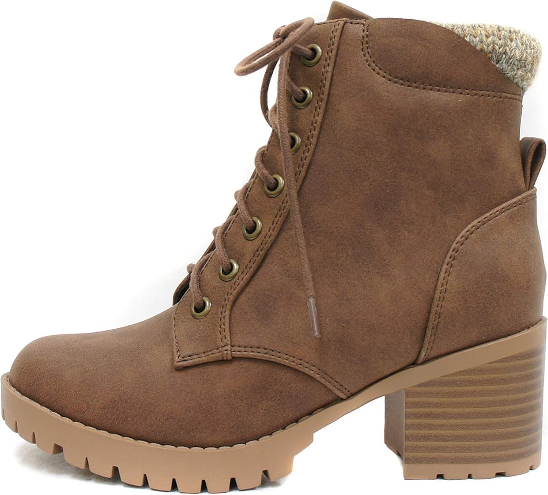 Soda Single Lug Sole Chunky Heel Combat Ankle Boot Lace up w/Side Zipper | Amazon (US)