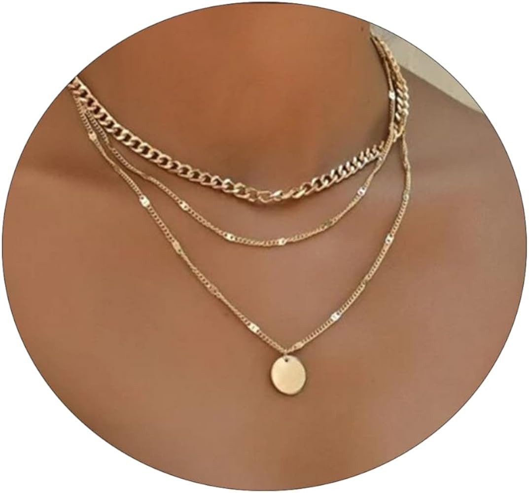 VIROMY Dainty Gold Necklace for Women 14K Gold Plated Layered Satellite Necklaces Trible Layering... | Amazon (US)