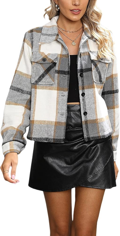 Yeokou Women's Fashion Cropped Flannel Wool Blend Plaid Shacket Long Sleeve Button Down Jackets C... | Amazon (US)