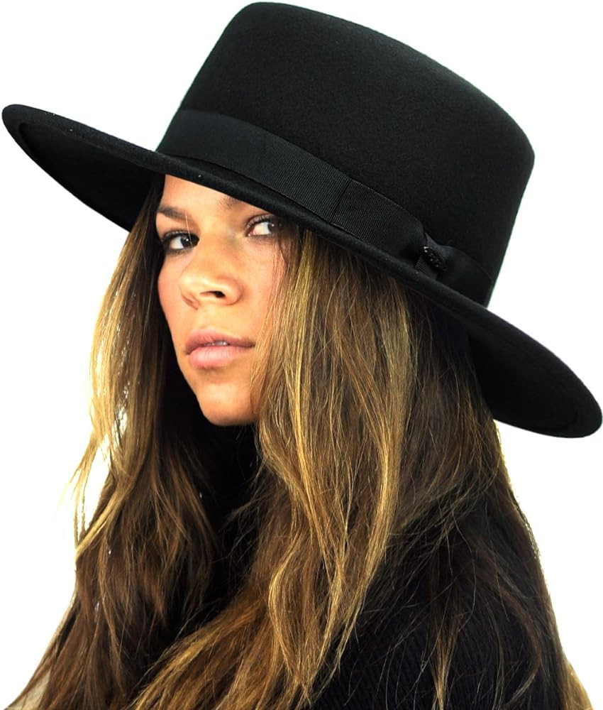 NYFASHION101 Wool Wide Brim Porkpie Fedora Hat w/Simple Band Accent | Amazon (US)