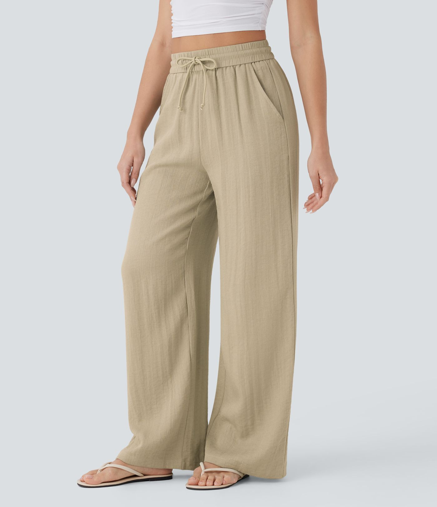 Women\u2019s High Waisted Drawstring Pocket Wide Leg Baggy Casual Linen-Feel Pants - Halara | HALARA