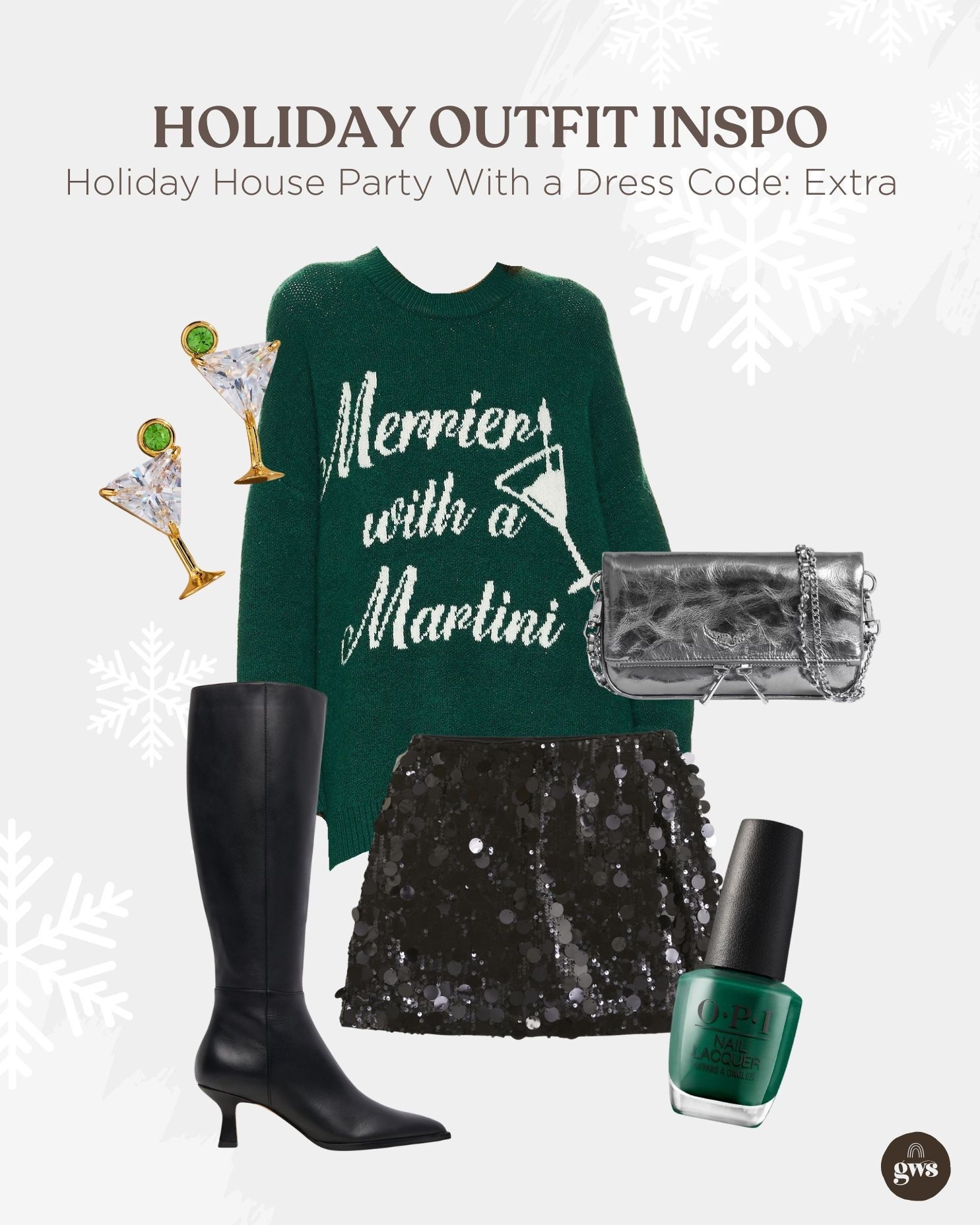 Holiday Outfit Inspo for a Christmas Party. Merrier with a Martini green sweater and a black sequin mini skirt and martini earrings. 

#LTKHoliday #LTKSeasonal