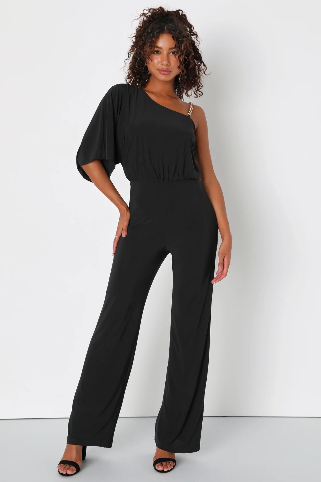 Brilliant Glamour Black Asymmetrical Chain Strap Jumpsuit | Lulus (US)