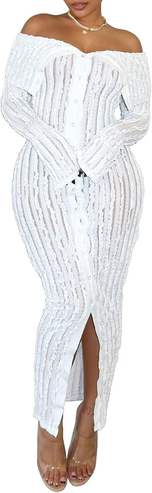 Womens Sexy Off Shoulder Maxi Dress Pleated See Through Flare Sleeve Button Down Slit Bodycon Lon... | Amazon (US)