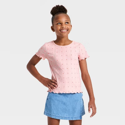 Girls' Short Sleeve Pointelle 'Hearts' Graphic T-Shirt - Cat & Jack™ Pink S | Target