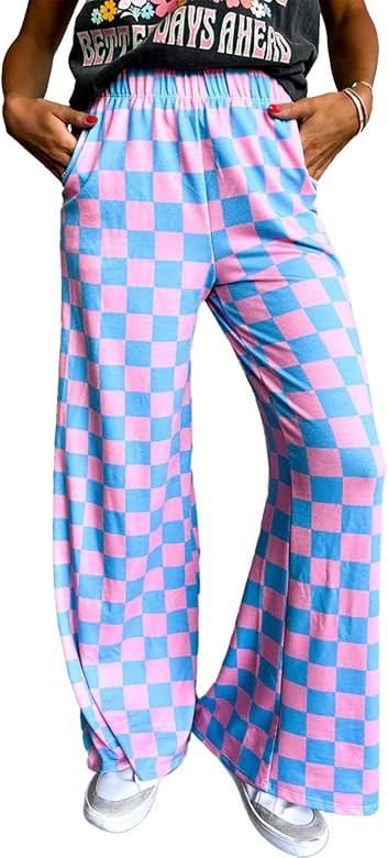 IWOLLENCE Women's Casual Loose Checkered Wide Leg Pants High Waist Straight Lounge Y2K Gingham Tr... | Amazon (US)