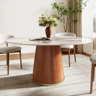 Round Sintered Stone Farmhouse Kitchen Dining Table Solid Wood Pedestal For 4-8 People | Wayfair North America