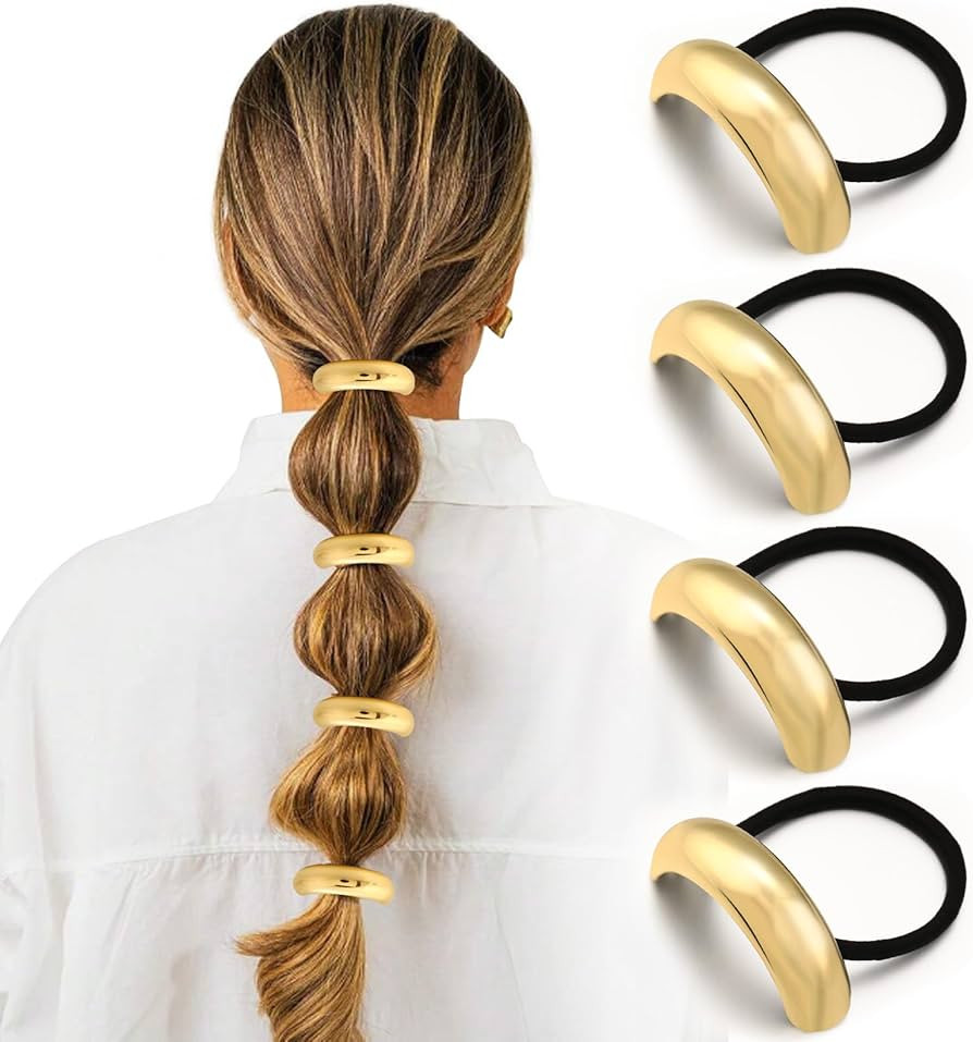 4PCS Gold Hair Ties, Metal Hair Ties for Thick Hair, Elegant Durable Round Geometric Design Hair ... | Amazon (US)