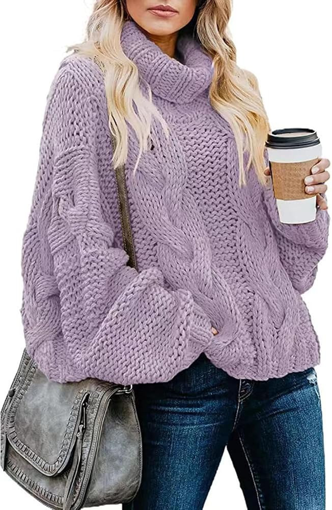 Turtleneck Sweater for Women High Neck Lantern Sleeve Pullover Balloon Sleeve Chunky Cable Knit O... | Amazon (US)