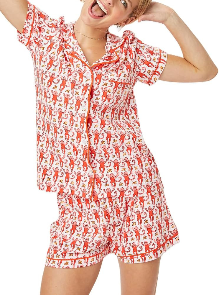Yiulangde Y2k 2 Piece Pj Sets Pajamas for Women Tiger Floral Graphic Print Short Sleeve Button Sh... | Amazon (US)