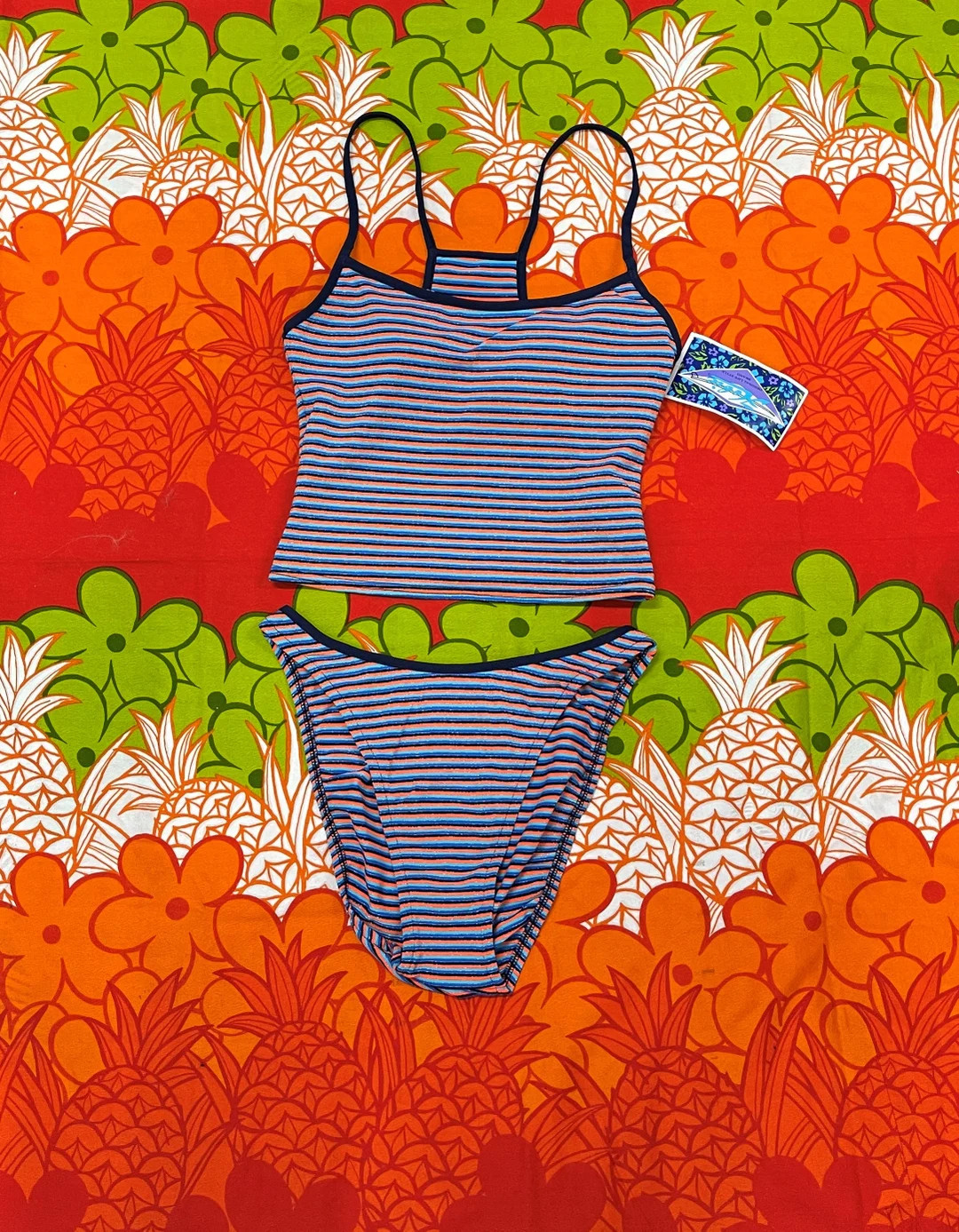 Vintage 90s Y2K Hobie Deadstock Navy Orange Turquoise Colorful Retro Multicolor Metallic Striped ... | Etsy (US)