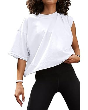 Women's Oversize Workout Crop Tops Casual Short Sleeve Drop Shoulder Boxy T-Shirts Roll Hem Basic... | Amazon (US)