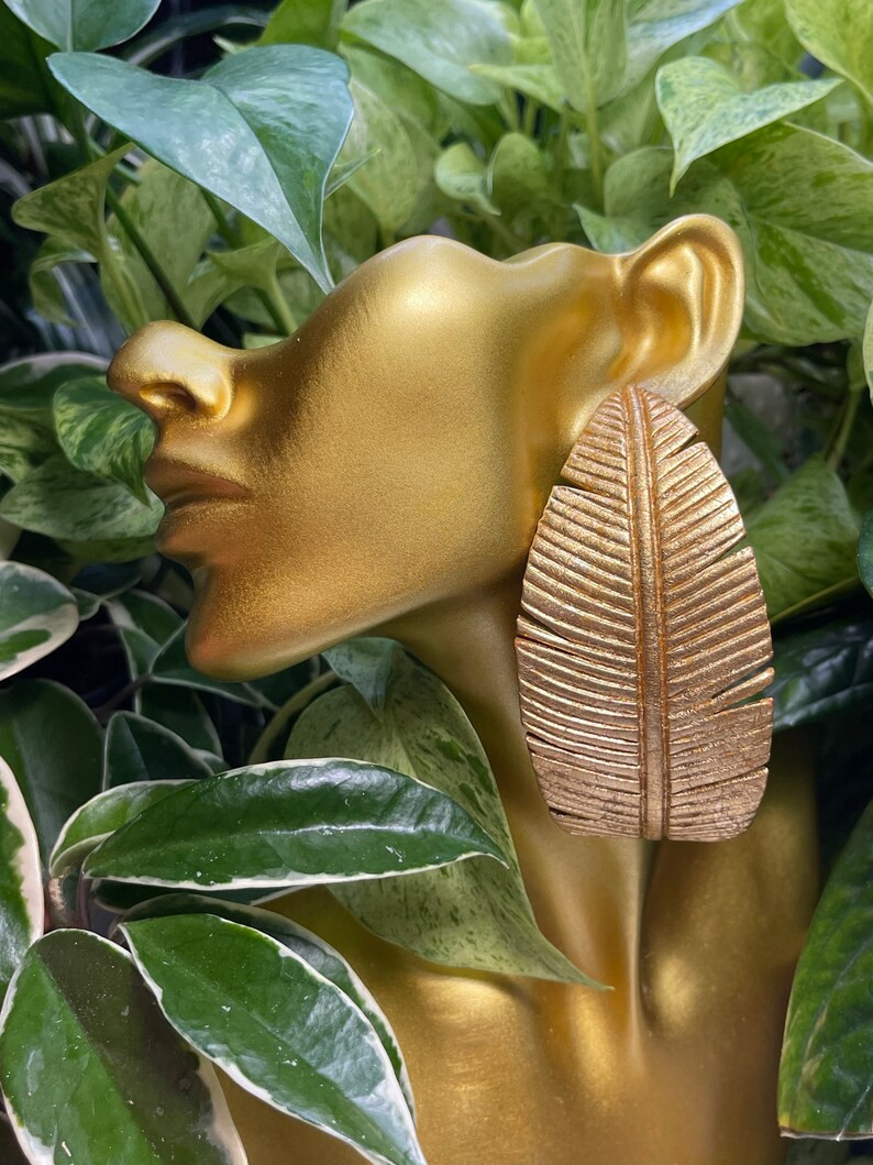 Banana Leaf Hoop Wide Statement Gold Earrings Clay Hoops Tropical - Etsy Canada | Etsy (US)