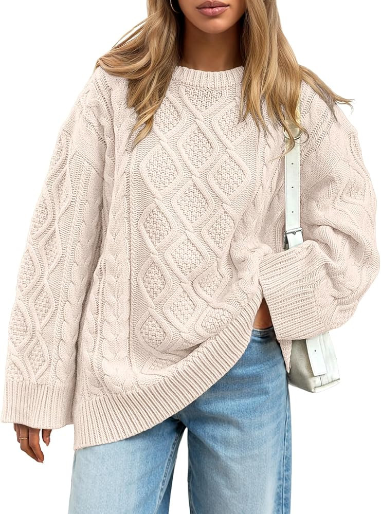 Trendy Queen Women's Oversized Cable Knit Crewneck Sweaters Cozy Winter Clothes | Amazon (US)