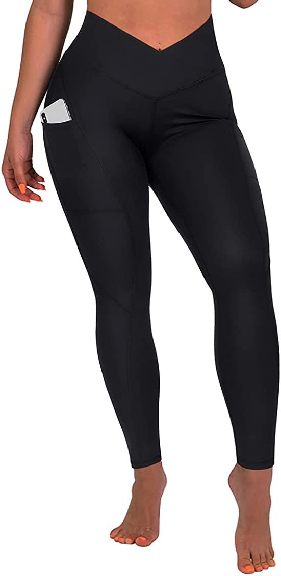 SUUKSESS Women Crossover Workout Leggings with Pockets High Waisted Gym Yoga Pants | Amazon (US)