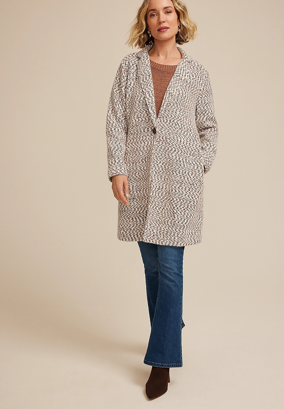 Herringbone Textured One Button Coat | Maurices