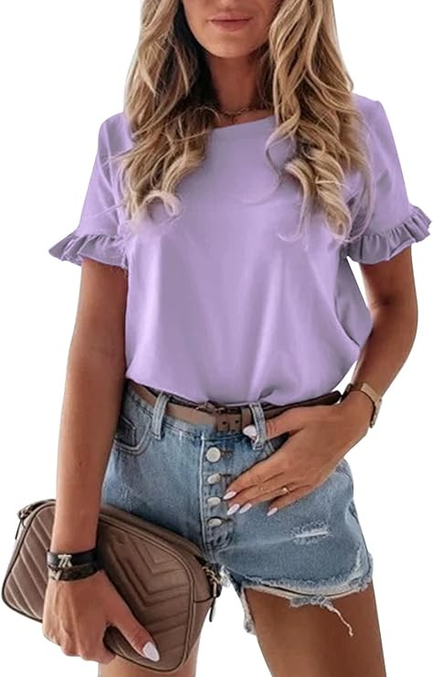 PRETTYGARDEN Women's Short Sleeve Casual T Shirts Summer Ruffle Plain Round Neck Loose Fit Tee Bl... | Amazon (US)