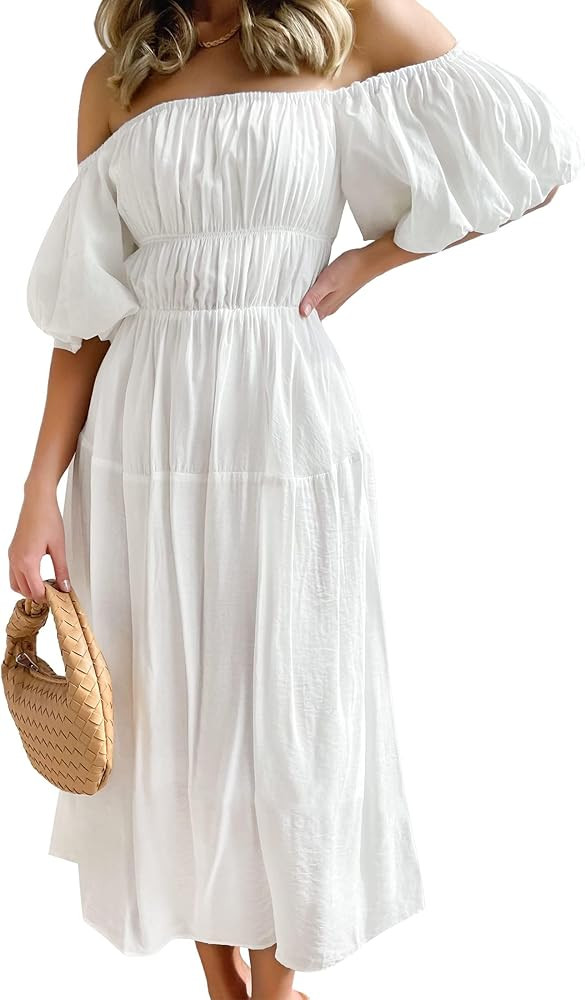 ZESICA Women's 2024 Sexy Boho Off Shoulder Puff Short Sleeve High Waist Ruffled Flowy A Line Beac... | Amazon (US)