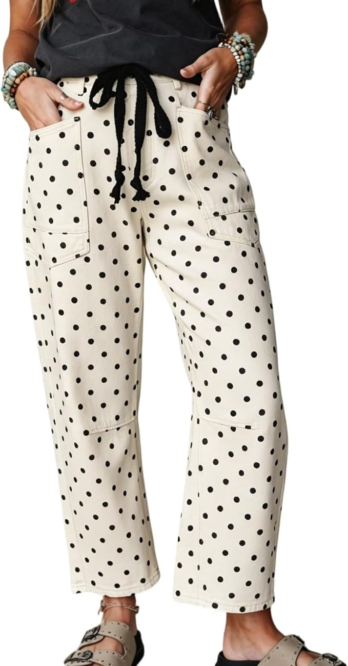 Hixiaohe Polka Dot Pants for Women Casual Boho Barrel Pants Cotton High Waist Drawstring Wide Leg... | Amazon (US)