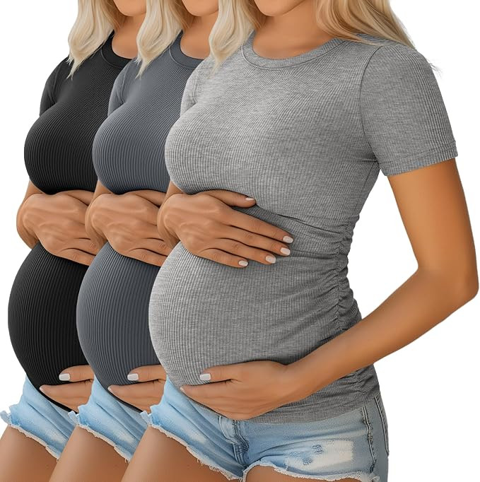 Ficerd 3 Pack Maternity Shirts for Women, Cotton Ribbed Pregnancy Tops Short Sleeve Side Ruched S... | Amazon (US)
