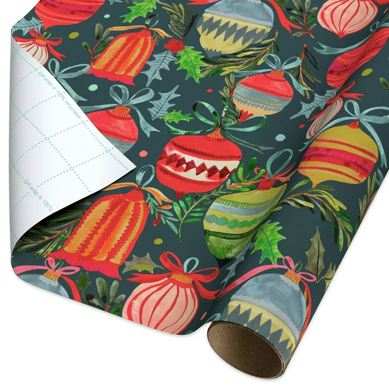 American Greetings 30 in. Watercolor Christmas Ornaments Wrapping Paper with Cutlines, Green (100... | Walmart (US)