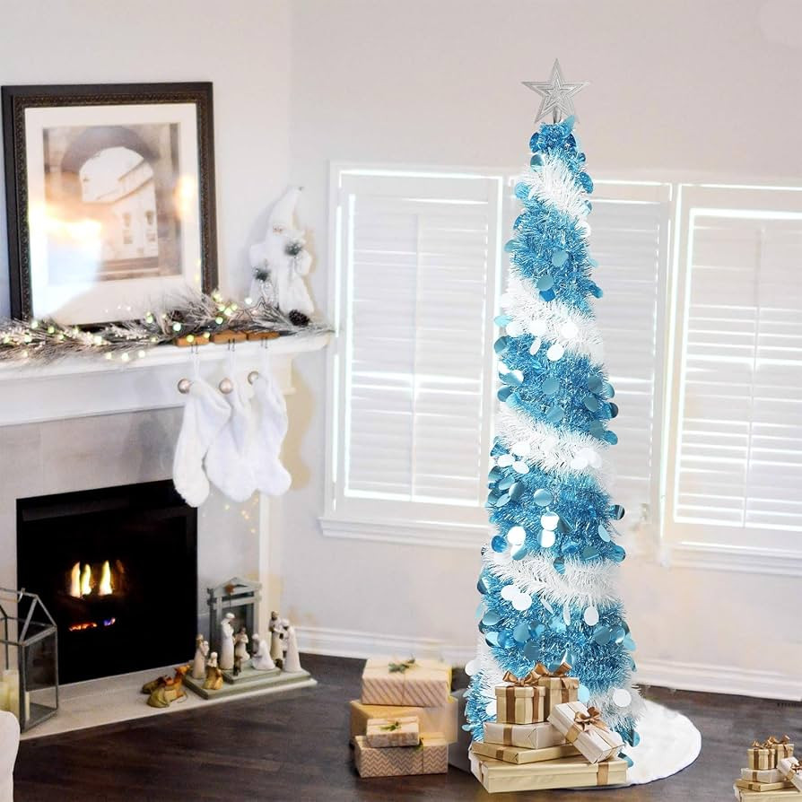 CCINEE 5ft Pop Up Tinsel Christmas Tree,Battery Operated Narrow Christmas Tree Blue and White Art... | Amazon (US)
