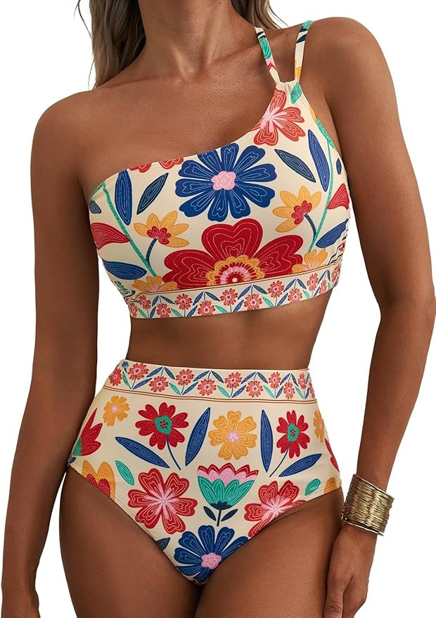 Herseas Women's High Waisted Bikini Sets One Shoulder Floral Print Swimsuits 2 Piece Tummy Contro... | Amazon (US)