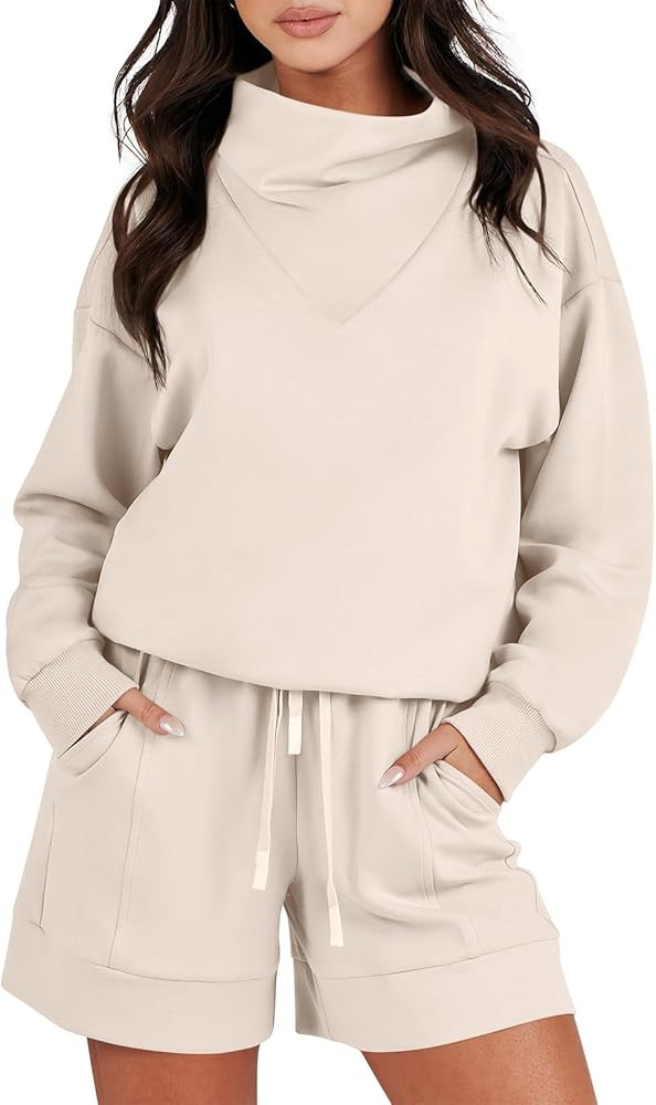 Caracilia Women 2 Piece Outfits Loose Sweatsuits Fashion Cowl Neck Sweatshirts & Shorts Set Loung... | Amazon (US)