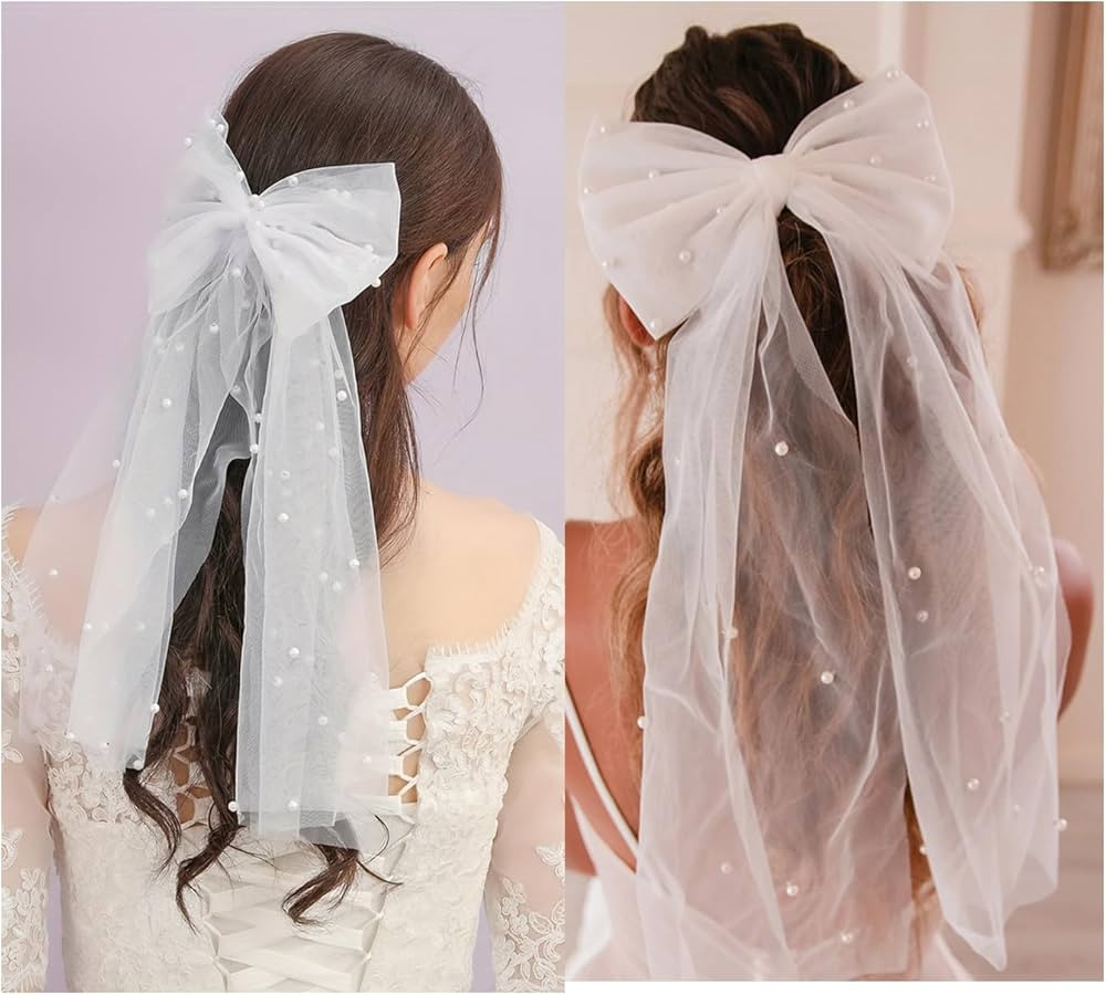Guijinhao 2pcs Bridal Pearl Bow Veil, Wedding Bow Hair Clip Short White Veil Barrette for Bride A... | Amazon (CA)