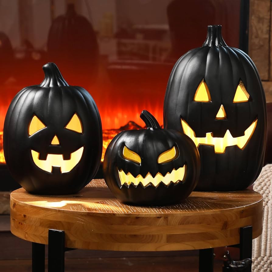 Reallnaive 3 PCS Black Jack o Lantern Decoration, Halloween Plastic Vintage Pumpkin Decor with Li... | Amazon (US)