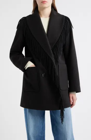 Sam Edelman Fringe Shawl Collar Coat in Black at Nordstrom Rack, Size 4 | Nordstrom Rack