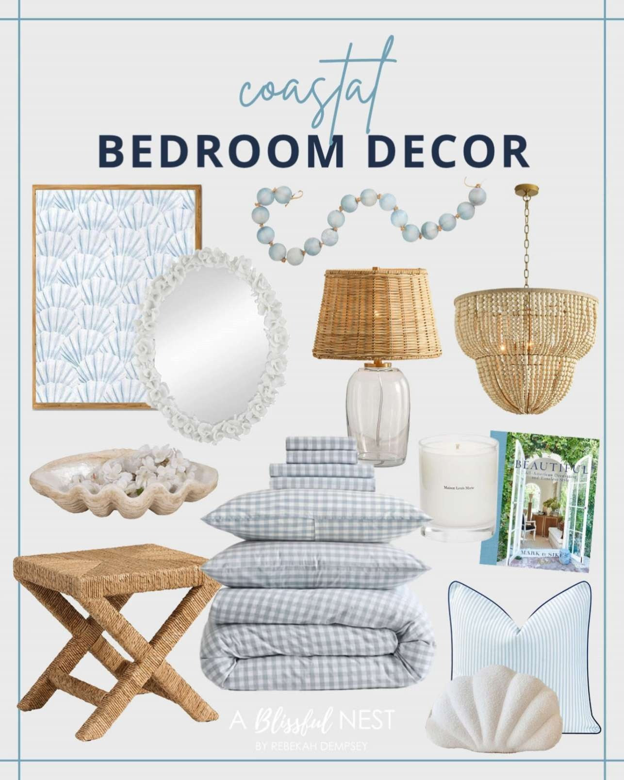 Create a calm, breezy vibe with decor that brings the beach indoors.
Shop all the coastal-inspired bedroom finds today!
Decorative clam shell bowl, gingham bedding, decorative book, coral mirror, Maison Louis Marie candle, Hampton style pillow, sea glass garland, Bristol wood bead chandelier, Malibu accent stool, woven table lamp, coastal wall art, seashell throw pillow.  

 #LTKHome #LTKFindsUnder50 #LTKFindsUnder100